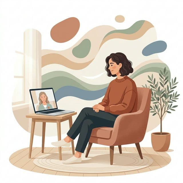 Pessoa em sessão de terapia online, sentada confortavelmente enquanto conversa com seu psicólogo
